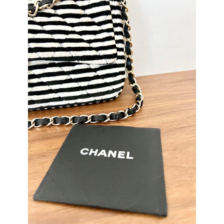 Chanel Striped Flap Classic Velour Velvet Shoulder Bag Black White Women's