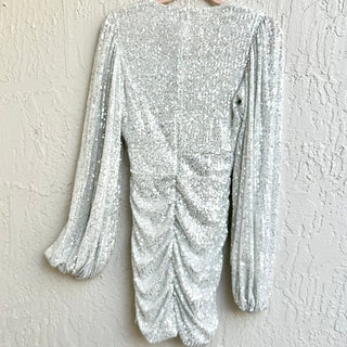 NWT Showpo Long Sleeve Ruched Rhaylee Mini Dress Silver Sequin Women's Size US 2