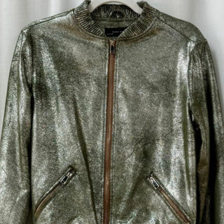 Zara Silver Metallic Long Sleeve Full Zip Bomber Jacket Green Brown Women's XS