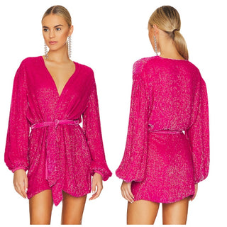 retrofete Gabrielle Sequins Velvet Long Sleeve Wrap Tie Robe Dress Pink Womens S