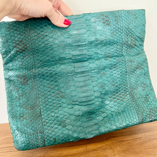 Essentiel Antwerp Snakeskin Leather Folded Clutch Bag Teal Blue Women's