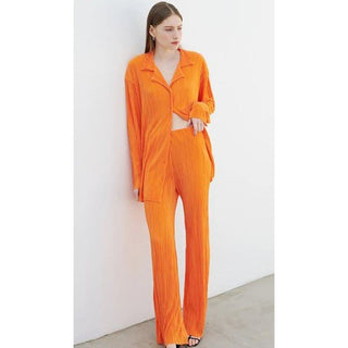 Storets Maria Oversized Plisse Shirt & Flared Leg Pants Set Orange Women's S / M