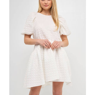 NWT English Factory Jacquard Puff Sleeve Back Tie Mini Dress White Womens Size S