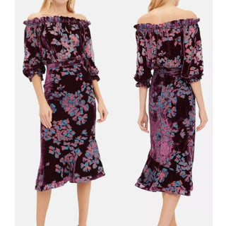 NWT Saloni Grace Floral Off-Shoulder Velvet Midi Dress Plum Insignia Women US 6