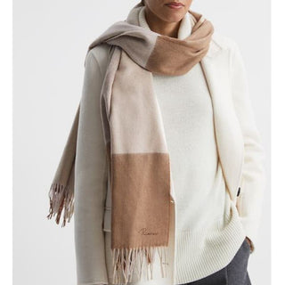 NWT Reiss Fringed Trim Leyton Wool Blend Check Embroidered Scarf Beige Women's