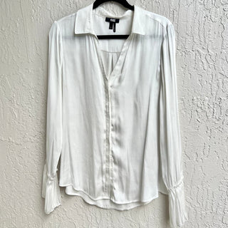 Paige Flare Long Sleeve Round Hem V Neckline Satin Shirt White Women Size Large