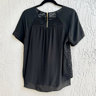 Rebecca Taylor Short Sleeve Hi Low Hem Silk Eyelet T-Shirt Black Women's Size 2