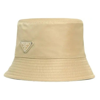 NWT Prada Milano Re-Nylon Metal Triangle Logo Womens Bucket Hat Beige Khaki M