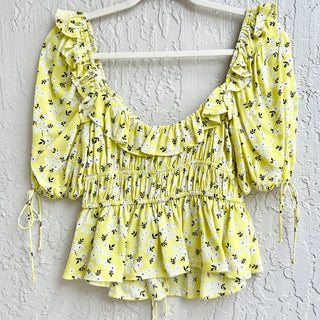 NWOT For Love & Lemons Puff Sleeve Chrysanthemum Crop Top Yellow Women's Medium