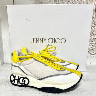 NWOT Jimmy Choo 50mm Raine Leather & Neoprene Sneakers White/Yellow Women 35 / 5