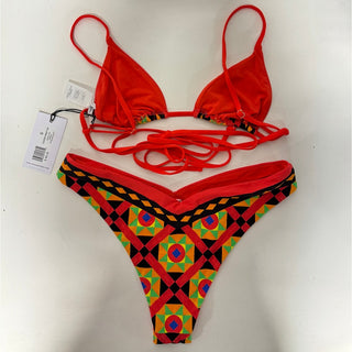 NWT WeWoreWhat Mosaic Cooper Wrap Bikini Top & Delilah Bikini Set Red Women's S