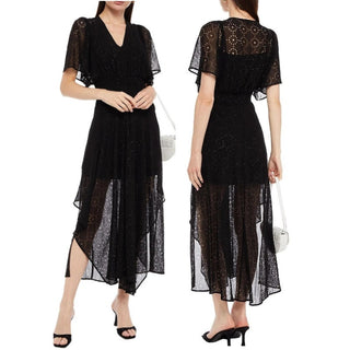 Maje Flutter Sleeve Shirred Laser-Cut Chiffon Midi Dress Black Women's 36 / 4