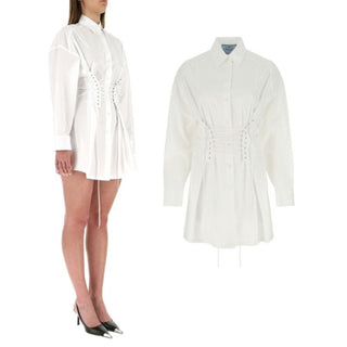 Prada Abito Long Sleeve Lace-Up Button-Up Mini Shirt Dress White Women 36 / US 4