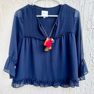 MISA Los Angeles Aleks 3/4 Sleeve Tassel-Trim Ruffle Blouse Top Navy Women's XS