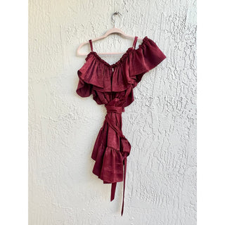 Misa Valerya Ruffle Trim Cold Shoulder Wrap Mini Dress Red Wine Women's Size XS