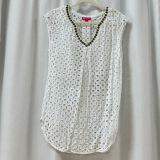 Lilly Pulitzer Eyelet Tunic Swim Cover Up with Gold Studded Neckline White S/P