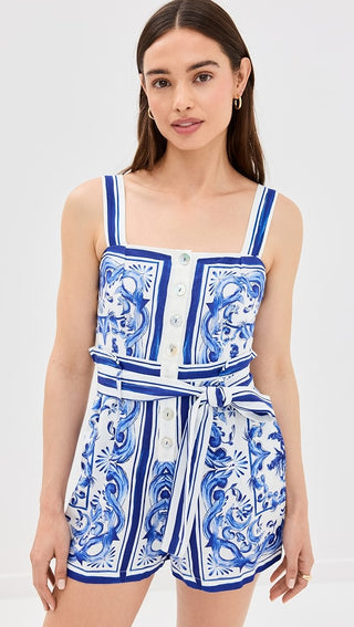 FARM Rio Garden Tiles Sleeveless Square Neck Belted Romper Blue Off White XXS