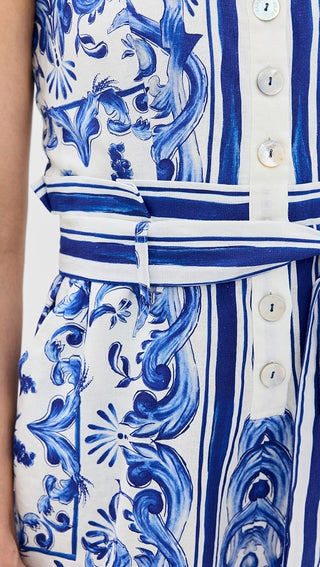 FARM Rio Garden Tiles Sleeveless Square Neck Belted Romper Blue Off White XXS