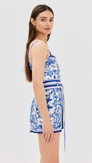 FARM Rio Garden Tiles Sleeveless Square Neck Belted Romper Blue Off White XXS