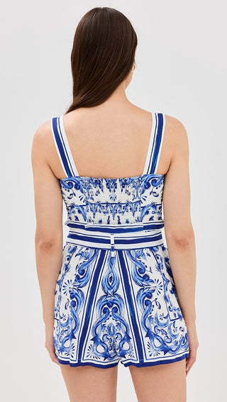 FARM Rio Garden Tiles Sleeveless Square Neck Belted Romper Blue Off White XXS