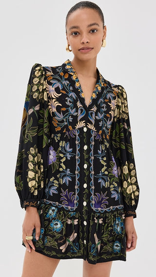 NWT FARM Rio Winter Garden Blouson Sleeve Button-Front Mini Dress Black Women XL