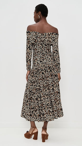 FARM Rio Tiny Flowers Long Sleeve Off Shoulder Maxi Dress Black Women's Small