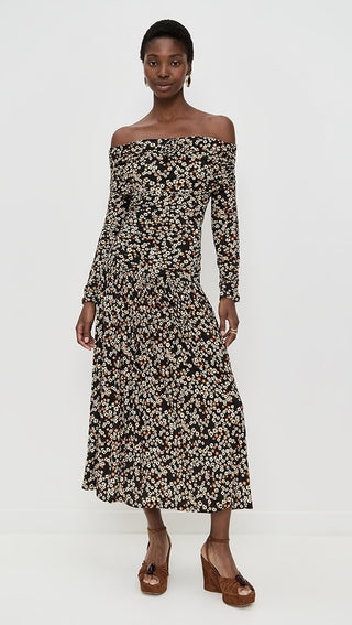 FARM Rio Tiny Flowers Long Sleeve Off Shoulder Maxi Dress Black Women's Small