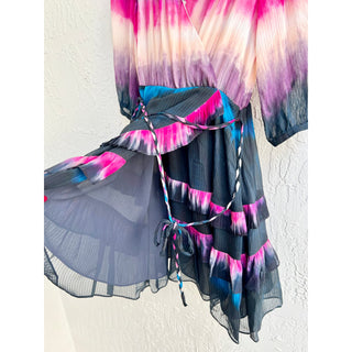 Tanya Taylor Valeria Tie-Dye Silk Tiered Ruffle Faux Wrap Dress Black/Pink US 2