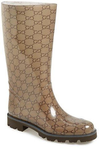Gucci Monogram GG Edimburg Mid-Calf Rubber Outdoor Rain Boots Beige Womens 38