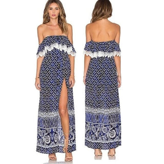 Lovers + Friends Floral Off-the-Shoulder Thigh Slit Maxi Dress Navy Womens Sz XS