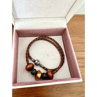 Pandora Leather Braided Beaded Bracelet With Charms Brown Women's