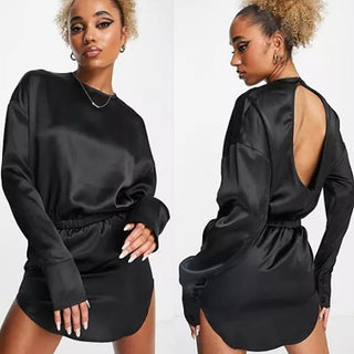 NWT Lioness Long Sleeve Mimi Drape Satin Mini Dress Black Women's Size AU6 / XS