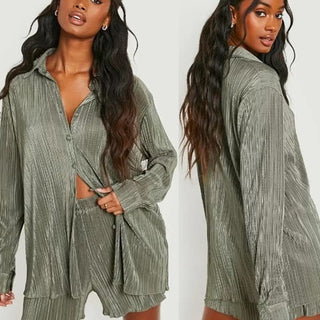 Unbranded Long Sleeve Pleated Shirt & High Waist Shorts Set Green Women's Small