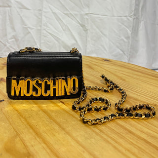 Moschino Make Your Mark Leather Foldover Small Shoulder Bag Black/Gold