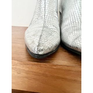 Alumnae Snakeskin Metallic Leather Slip On Block Bootie Silver Women's Sz 38.5/8