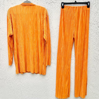 Storets Maria Oversized Plisse Shirt & Flared Leg Pants Set Orange Women's S / M