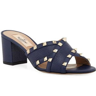 Valentino Garavani Rockstud Crisscross Leather Mules Sandals Blue Women 38.5 / 8