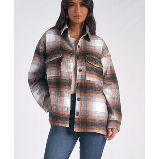 NWT Elan Long Sleeve Riley Plaid Button Front Jacket Brown Women's Size Small