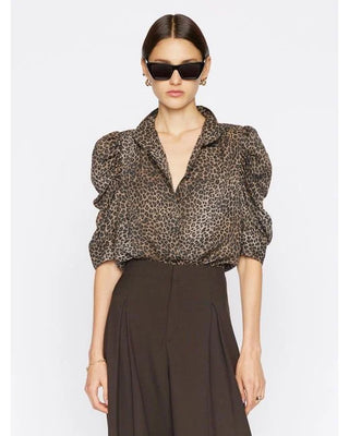NWT FRAME Annabelle Animal Print 100% Silk Puff Sleeve Blouse Top Brown Small