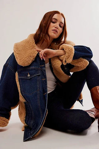 We The Free Holly Cozy Denim Jacket Faux Shearling Trucker Jacket Rinse Combo S