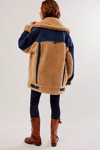 We The Free Holly Cozy Denim Jacket Faux Shearling Trucker Jacket Rinse Combo S