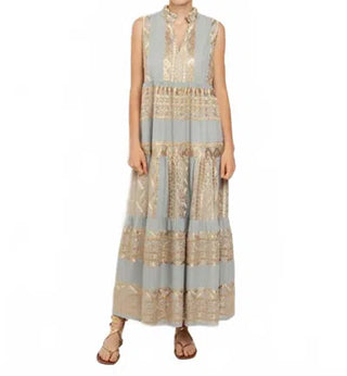 Greek Archaic Kori Ava Sleevless Tiered Maxi Dress Ciel / Gold Women's Medium