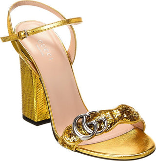Gucci Marmont Double G Leather Sequin Ankle Strap Block Heel Sandals Yellow 37
