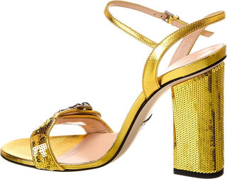 Gucci Marmont Double G Leather Sequin Ankle Strap Block Heel Sandals Yellow 37