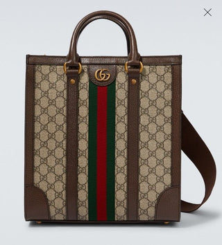 Gucci Ophidia Large Tote Bag Beige and Ebony GG Supreme Canvas with Leather Trim