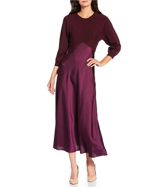 NWT Current Air Mix Media Crew Neck 3/4 Sleeve Midi Dress Burgundy Womens XS