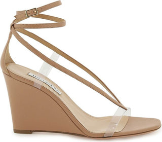 Aquazzura Illusion Plexi Leather Strappy Wedge Sandals Beige Women's Size EU 37