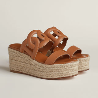 Hermes Ithea 30 Raffia and Leather Wedge Heel Espadrille Sandals Brown Womens 39