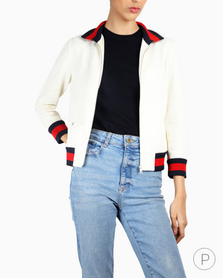 Gucci Web Trim Long Sleeve Full Zip Twill Bomber Jacket Cream Women's Size Small
