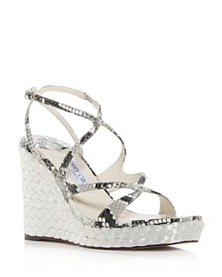 Jimmy Choo Ayla Snakeskin Leather Strappy Platform Wedge Sandals White Black 7.5
